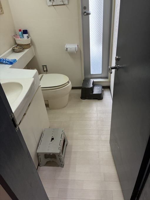 「施工前｜便器と床のリフォーム前のビルトイレ全景」
